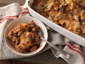 Easy Enchilada Casserole in a casserole pan and dish